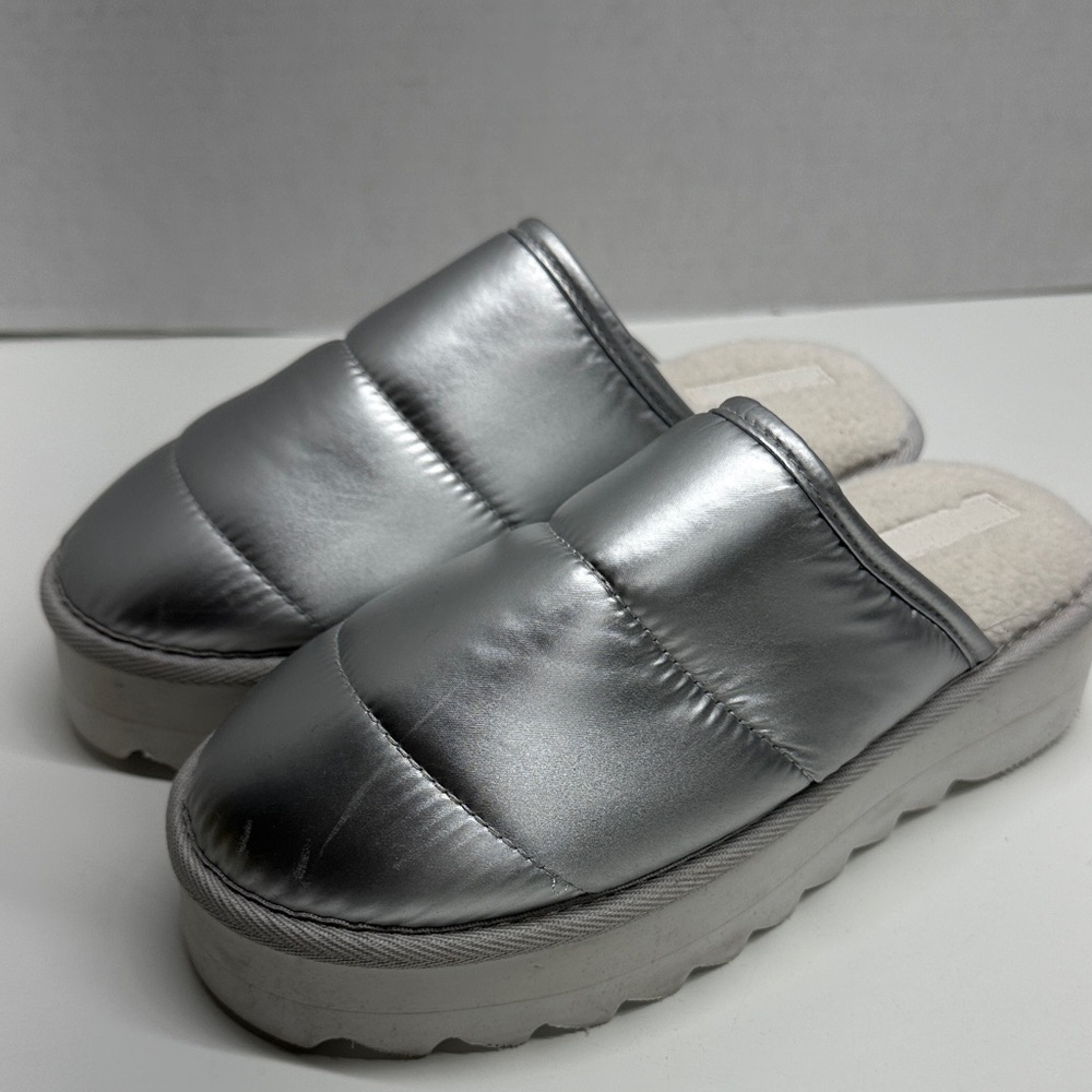 Anthropologie Maeve Platform Slippers Sherpa Lined Slip On Silver White Small